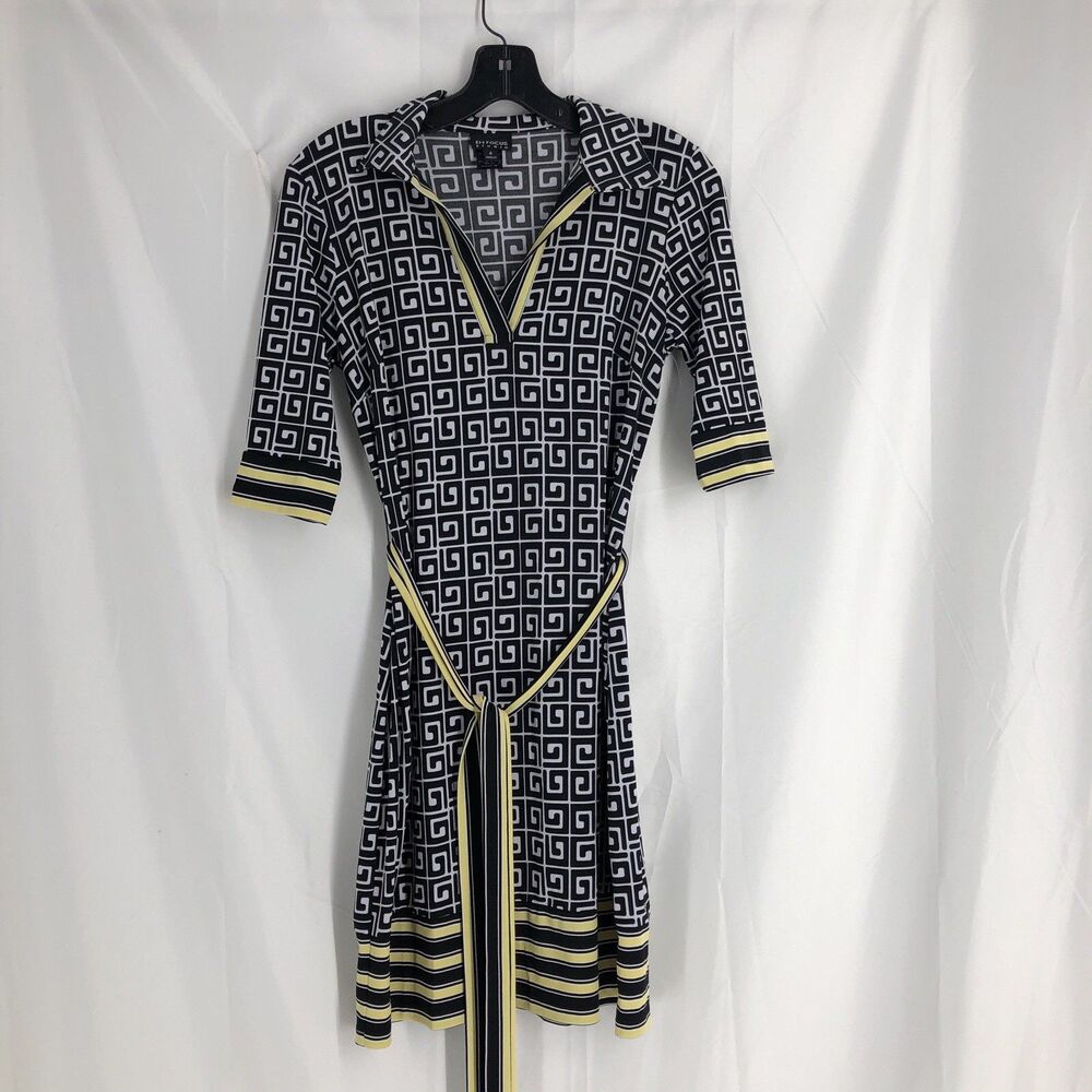 Enfocus Studio Black White Pull On Knee Dress Collar Belt 3/4 Sleeve Sz 4